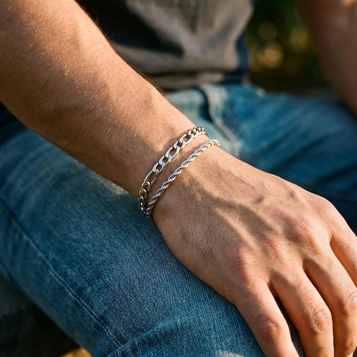 Mens Bracelet - Dainty Gold/Silver Chain Bracelet Stack 14K Gold Plated Silver Bracelets for Men Stainless Steel Adjustable Cross Charm Cuban Link Bracelet Snake Jewelry Set to Men Dad Birthday Day