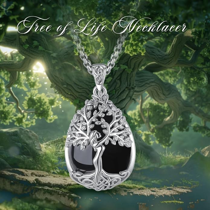 EUDORA Tree of Life Necklace with Moonstone Amethyst Obsidian Turquoise Healing Crystal for Women, Silver Plated Copper Mother Tree of Life Pendant Amulet Energy Jewelry, Gift for Women Mom, 20"+2"