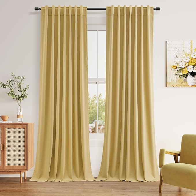 Guken 100% Blackout Curtains 108 Inch Length 2 Panels Set for Living Room Bedroom Back Tab Thermal Insulated Black Out Linen Drapes Room Darkening Window Curtains Gold Yellow 52x108