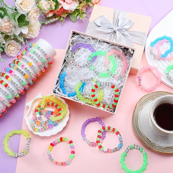Equsion 48 Pcs Music Party Supply Rave Kandi Bracelets Glow in the Dark Wear and Trade Handmade Party Rave Bracelets Alphabet Plus Music Festival Accessories Every Time for Women Men