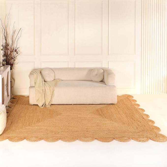 Scalloped Natural Jute Area Rug 6x9ft Handwoven Natural Living Room Bedroom