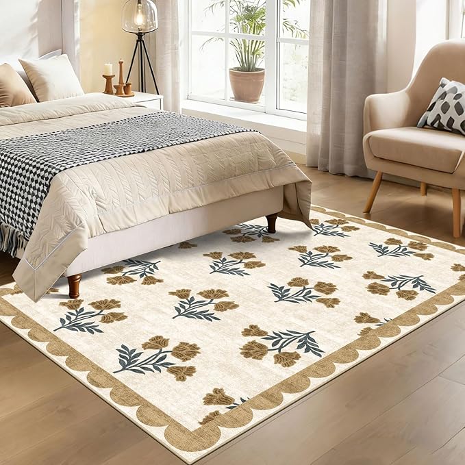 4x6 Area Rug for Bedroom - Soft Washable Boho Beige Living Room Rug Non Slip Entryway Rug Boho Floral Farmhouse Scalloped Rugs for Living Room Dining Room Kitchen Nursery Foyer Decor