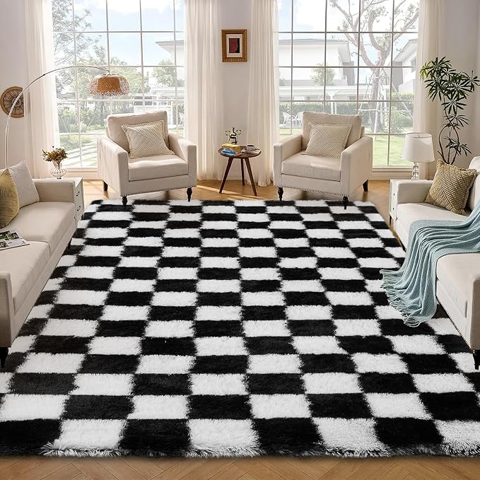 Garvee Checkered Rug 4x6 Super Soft Shaggy Rugs Fluffy Carpets Fluffy Fuzzy Rug for Living Room Bedroom,Checkered Fluffy Rugs for Girls Kids Room, Shag Plush Carpet for Teen Room Decor, Black-White