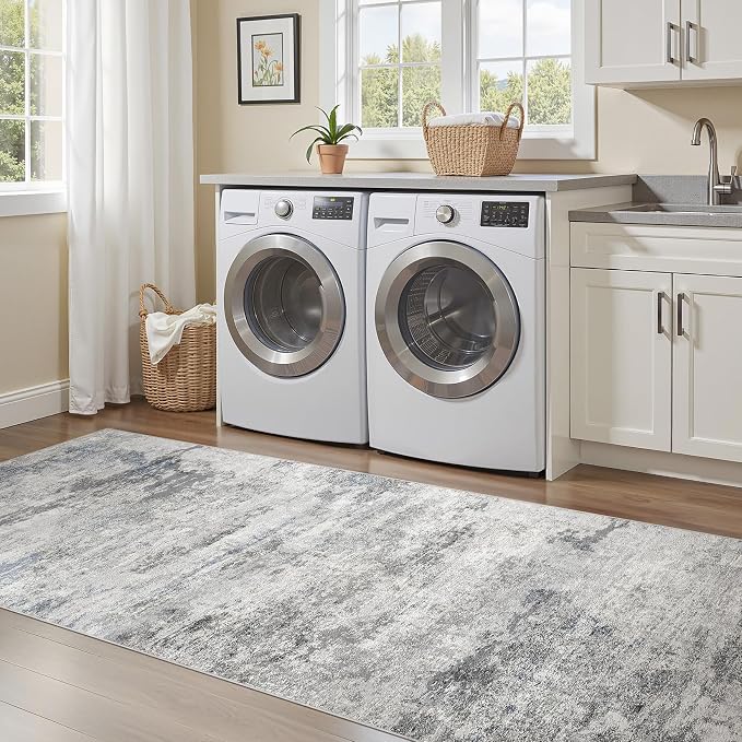 DMOYEST 3x8 Washable Runner Rug, Non Slip Low Pile Carpet Runner for Hallway and Entryway, Kid & Pet Friendly Abstract Modern Area Rug for Kitchen and Dining Room - Grey Blue