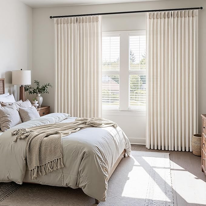 Topfinel 96 Inches Long Pinch Pleated Semi Sheer Curtains,Ivory Beige Linen Blended Light Filtering Window Curtains 96 Length 2 Panels for Living Room Bedroom Pinch Pleat Drapes with Hooks,40" Wx96 L