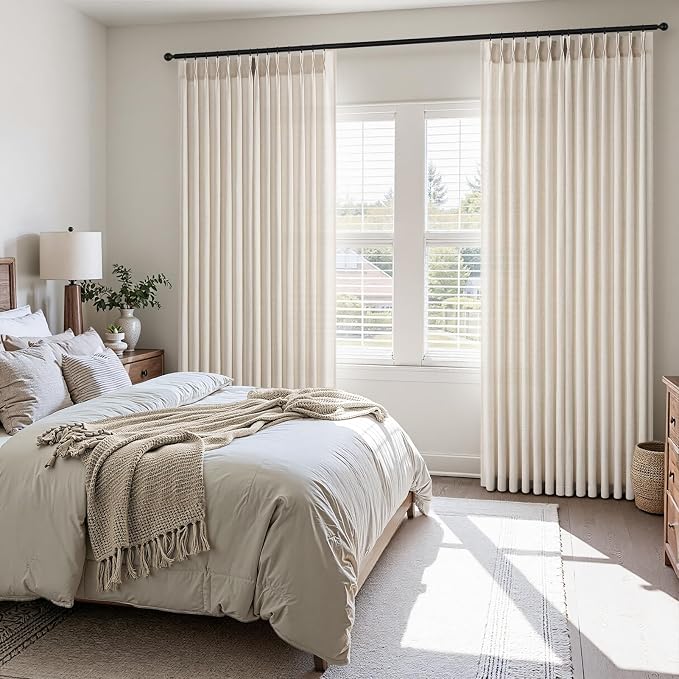 Pinch Pleated 92 Inch Curtains 2 Panels for Living Room Ivory Beige Linen Curtains 92 Inches Long Pinch Pleat Drapes for Track System Light Filtering Semi Sheer Curtains for Living Room Bedroom