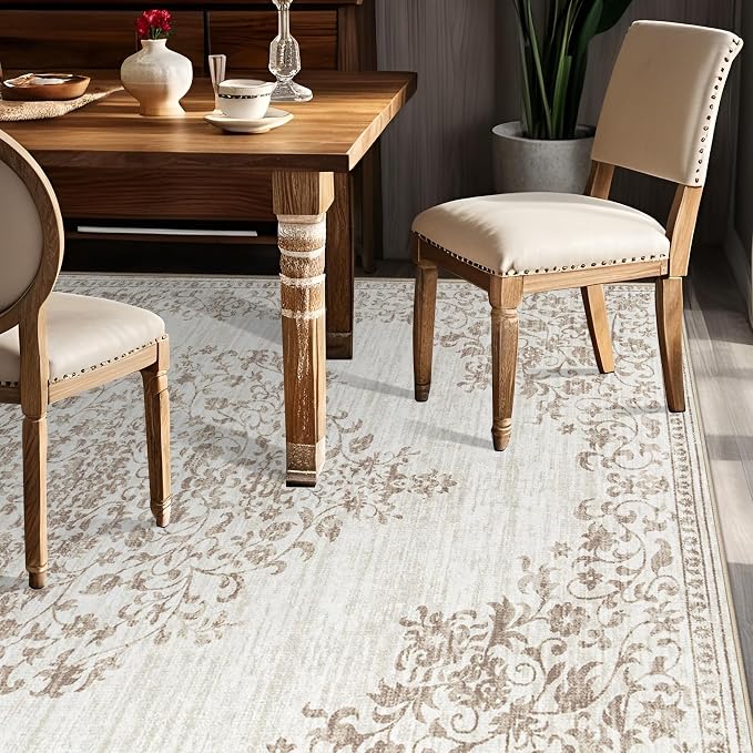Area Rug 6x9 Vintage Rug: Washable Indoor Medallion Rugs Low Pile Distressed Floor Carpet Retro Accent Rug for Living Room Bedroom Kitchen Dining Table Home Office(Vintage Beige, 6'x9')