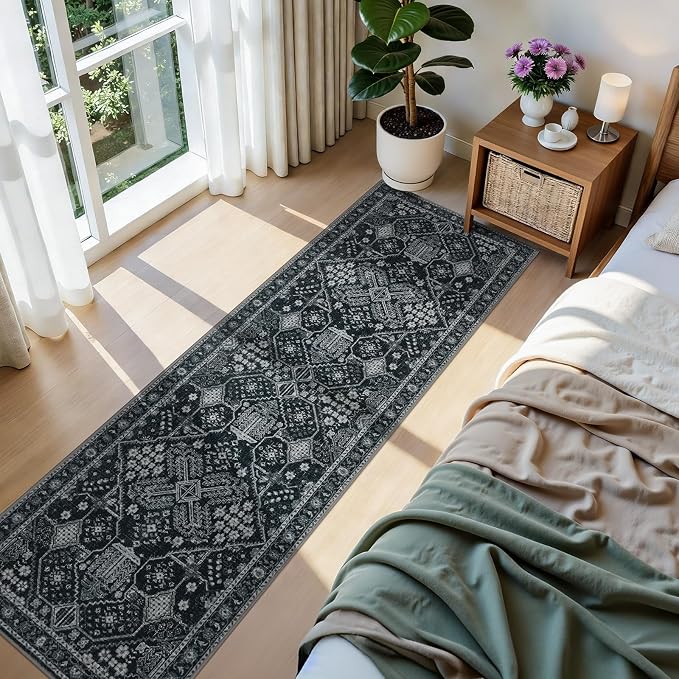 Joydeco Washable 2x6 Hallway Runner Vintage, Dark Gray&Light Gray&Black | Water Resistant Low Pile Non Slip Backing for Kitchen Entryway Bedroom Bathroom Dining Room