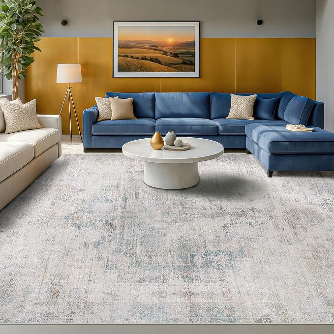 Hazo Haus Light Blue Area Rugs 8x12 for Living Room - Abstract Medallion Blue Gray Rug for Bedroom, Dining Room Under Table, Washable Non Slip, Fade & Stain Resistance