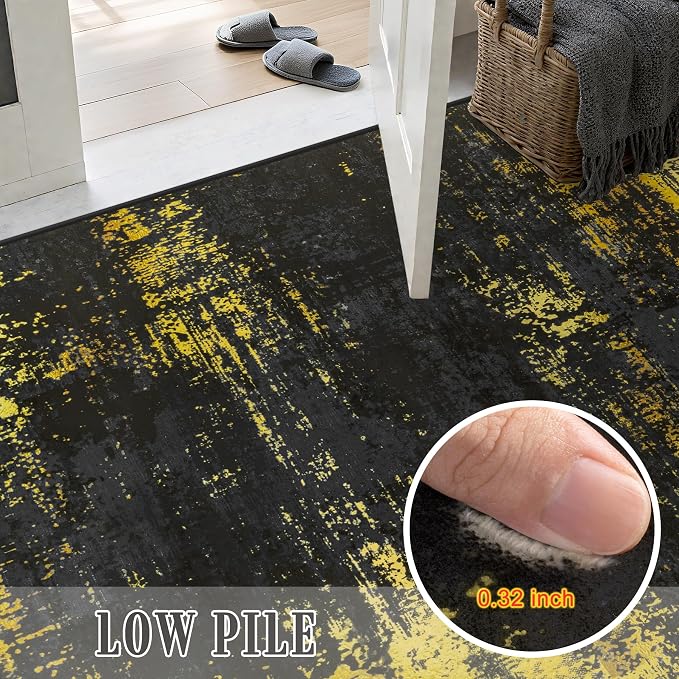 10x12 Area Rug Living Room Rug: Washable Modern Abstract Soft Thin Rug Indoor Floor No Slip Carpet for Bedroom Dining Room Farmhouse Nursery Home Office - Dark Black Gold