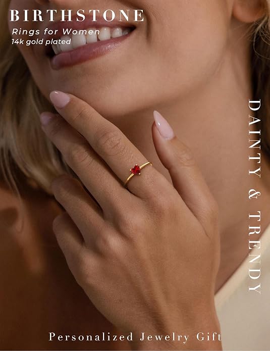WFYOU Gold Heart Birthstone Rings for Women 14K Gold Plated Non Tarnish Stackable Pinky Cubic Zirconia Rings Emerald Dainty Gemstone Thumb Ring Band Cute Jewelry Birthday Gift Size 5-10