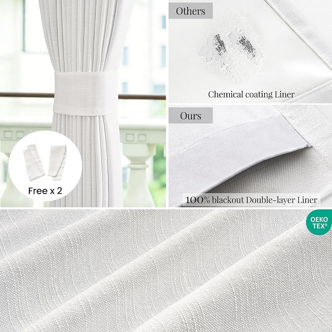 Topfinel 96 Inch Long 100% Blackout Linen Curtains, Natural Linen Back Tab Pinch Pleated Drapes Thermal Insulated & Noise Cancelling Panels for Modern Bedroom Living Room Window Treatment 52" W*96" L