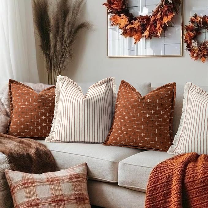 ZWJD Fall Throw Pillow Covers 26x26 Set of 2 Striped Pillow Covers with Fringe Chic Cotton Decorative Pillows Square Cushion Covers for Sofa Couch Bed Living Room Fall Decor,Rust