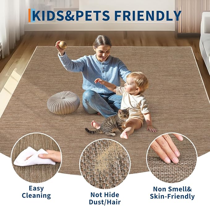 GarveeHome Easy Jute Rug 8x10 Washable Non Slip Solid Brown Living Room Rugs