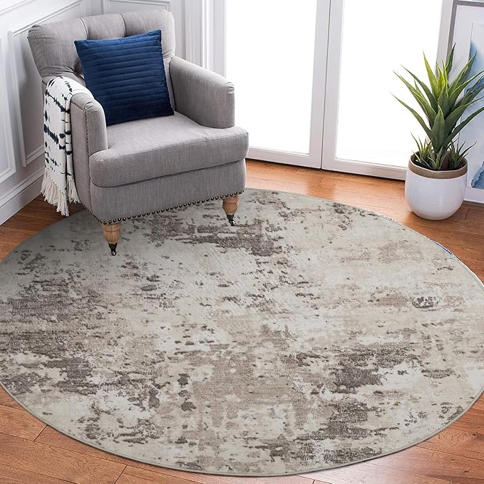 ROYHOME Modern Abstract 4x4 Round Area Rug Non Slip Non Shedding Rug Low Pile Stain Resistant for Bedroom Living Room Office Dining Room,Brown Grey