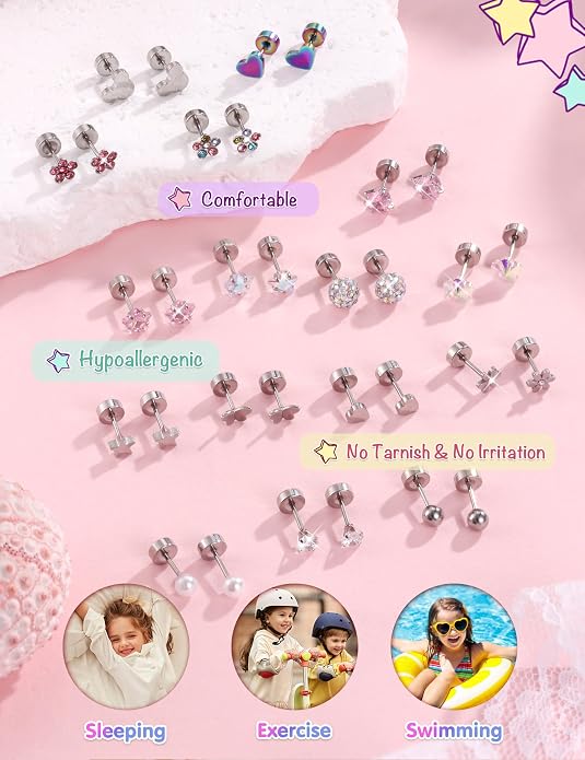 CASSIECA 16 Pairs Hypoallergenic Screw Back Earrings for Women Girls 316L Stainless Steel CZ Ball Heart Flower Screwback Flat Back Stud Earrings Jewelry Gift Women Multicolored Pink