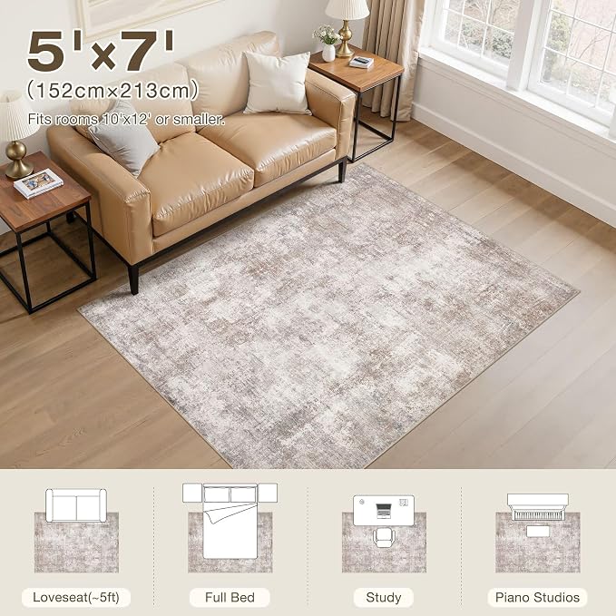 Area Rugs 5x7, Non Slip Low Pile Soft Washable Rug for Living Room | Modern Abstract Large Carpet, Stain Resistant and Kid & Pet Friendly, Made for Bedroom, Nursery, Home Office Indoor - Brown