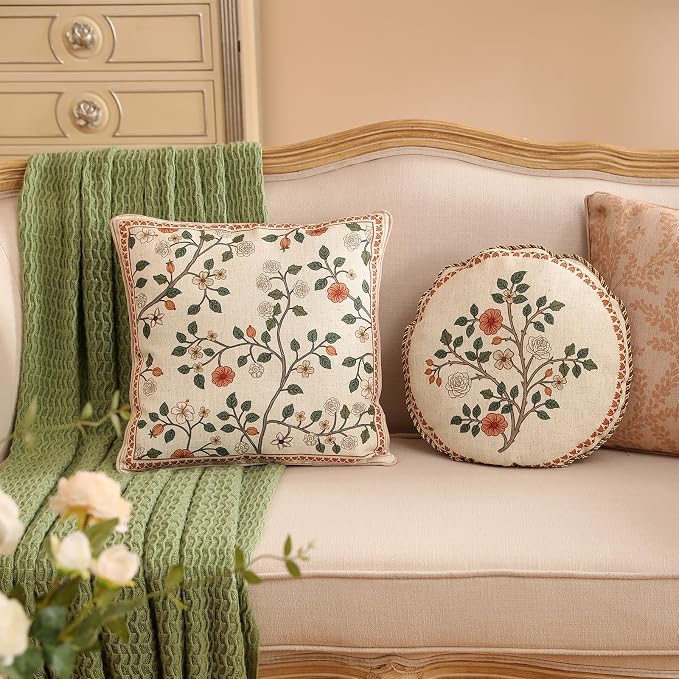 ISAENNE Designer Linen Throw Pillow Cover,Set of 2,Diameter 16"-Flora B | Vintage French Round Decor Pillow Cover,Concealed Zipper Design,Floral Pattern,Sofas,Bedroom,Living Room,Lounge Chairs