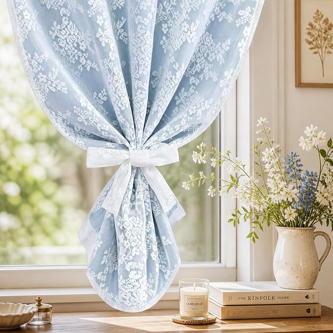 Yinhua Blue Kitchen Curtains 36 Inch Length Double Layer Blackout Cafe Curtains with Floral Sheer Overlay Rod Pocket Short Curtain for Windows, Small Window Curtain for Bathroom, Living Room, 2 Panels