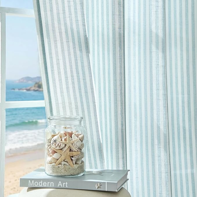 jinchan Linen Curtains 84 inch Aqua Blue Stripe on White Grommet 2 Panels | Curtains for Living Room Bedroom,Ticking Vertical Stripe ,Modern Beachy Coastal Drapes,Window Treatment,Light Filtering
