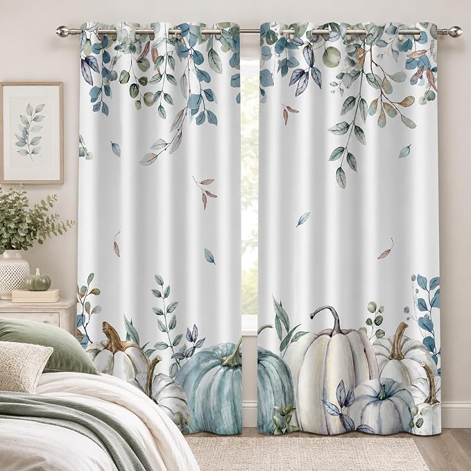 Blue Pumpkin Window Curtains 52 x 63 in, Fall Farmhouse Drapes with White Pumpkin Eucalyptus Leaf Print, Watercolor Autumn Curtains for Bedroom Living Room