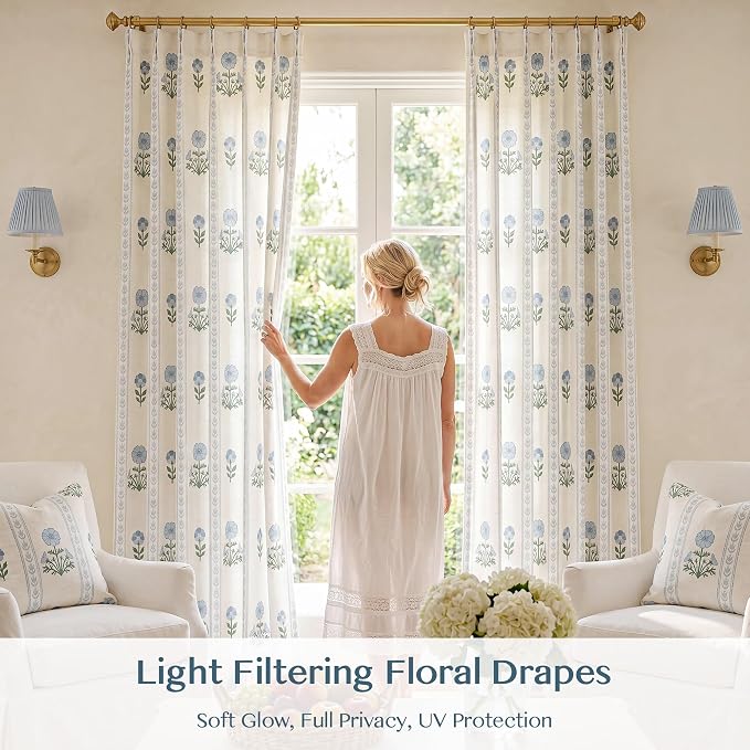 THREE GIRLS Pinch Pleated Light Filtering Linen Blend Floral Block Print Curtains for Living Room, Bedroom, Modern Farmhouse, Memory Trained, Hooks, 2 Panels Set, 40"x108", Blue