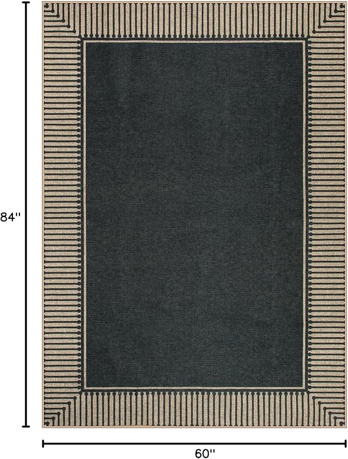 Moynesa Striped Border Easy Jute Outdoor Rug 5x7 Area Rugs for Living Room, Washable Indoor Outdoor Patio Rug Non Slip Low Pile, Black Farmhouse Carpet for Backyard Bedroom Dining Room