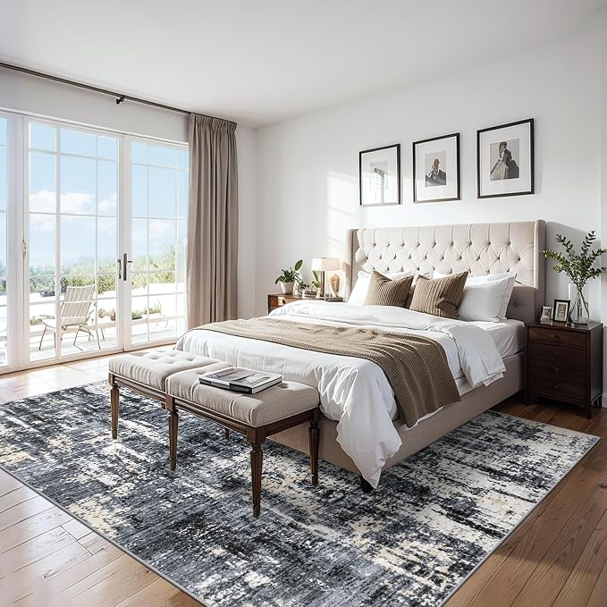 Area Rugs 10x14 Living Room - Washable Rug Modern Abstract Soft Large Neutral Non-Slip Carpet Indoor Floor Thin Carpets for Bedroom Dining Room Farmhouse Nursery Home Office Black Gold