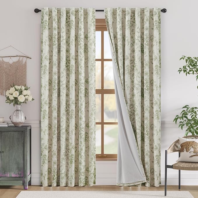 jinchan Green Floral Linen Blackout Curtains 90 Inch Back Tab 2 Panels | Blackout lining, room darkening drapes, farmhouse, vintage, cottagecore, rustic, bedroom, living room, window treatment