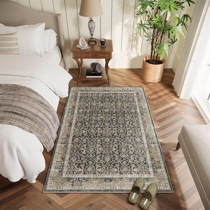 Washable 2x3 Entryway Rug, Boho Vintage Non-Slip Door Mat, Black/Navy Blue | 0.3" Neutral Throw Small Rugs for Bedroom Kitchen Nursery Entrance, Cushioned for High-traffic Area