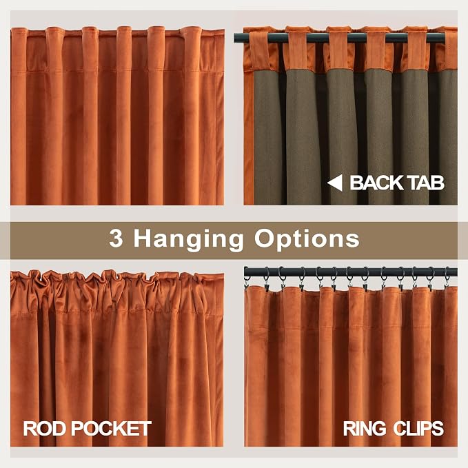 Burnt Orange Velvet Curtains 108 Inches Long 2 Panels for Patio Sliding Door Thick Privacy Thermal Noise Reduction Drape Rust Terracotta Colored Curtain for Bedroom Living Room Victorian Vintage Decor