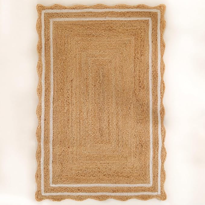 Natural Scalloped Wave Jute Rug Rustic Handwoven Braided Living Room 4x6 ft