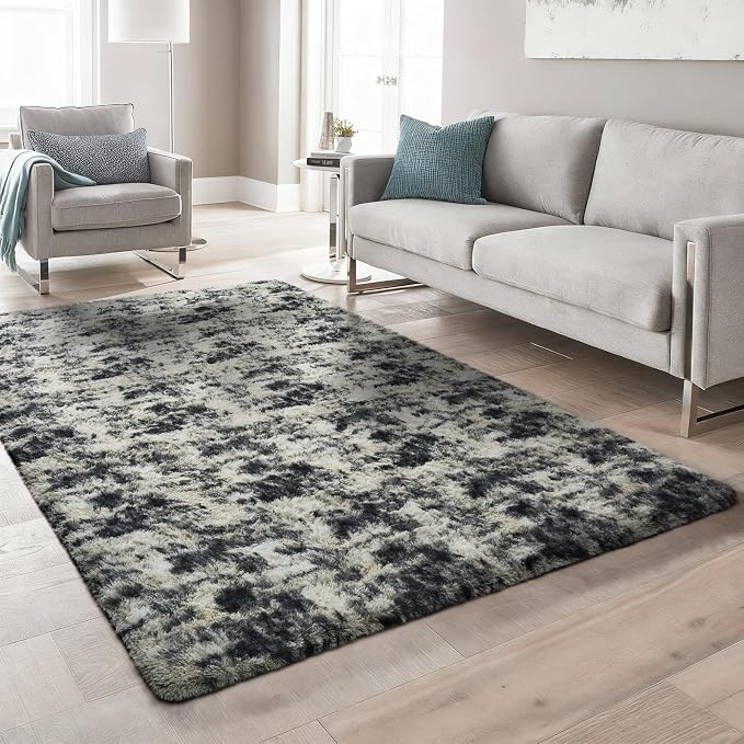 Ophanie Black Gold and Grey Area Rugs for Living Room 5x7,Dark Black Gold Fluffy Shag Large Fuzzy Plush Soft Carpets,Floor Shaggy Rugs for Bedroom,Carpet for Dorm Decor with Over 99 pcs Pile fibers