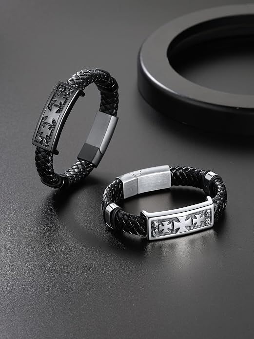 ChainsHouse Mens Wrap Braided Leather Black Bead Bracelets Bangles, Vintage Star of David/Wing Skull/Templar Cross Genuine Leather Bracelet, Customize Available, Size 7.5/8.3/9.0 Inch, Send Gift Box
