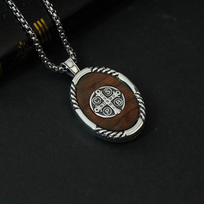ONEFINITY Wooden Necklace Viking Wolf/St Benedict Medals/St Michael/Crucifix/St Christopher Pendant Necklace for Men Archangel Amulet Wooden Religious Jewelry Gifts for Men Women