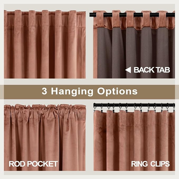 Pitalk 96 Inch Cinnamon Velvet Blackout Curtains Chic Modern Farmhouse Vintage Luxury Back Tab Pleated Thermal Insulated Light Blocking Velvet Drapes for Bedroom Living Room Wide 52x96 in Long 2 Panel