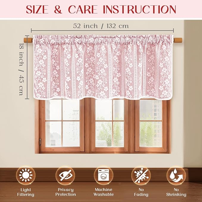 ASPMIZ Linen Valance Curtains Double Layers Window Curtains with Linen Lace, Farmhouse Kitchen Curtain Valance Light Filtering Cafe Curtain 18 Inch Window Treatment Rod Pocket for Bathroom, 52x18 Red