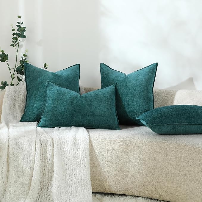 Stellhome Lumbar Chenille Throw Pillow Covers Set of 2 Super Soft Textured Decorative Pillow Covers Accent Solid Cushion Cover for Couch Sofa Bedroom Living Room 12x20 Inch, Teal