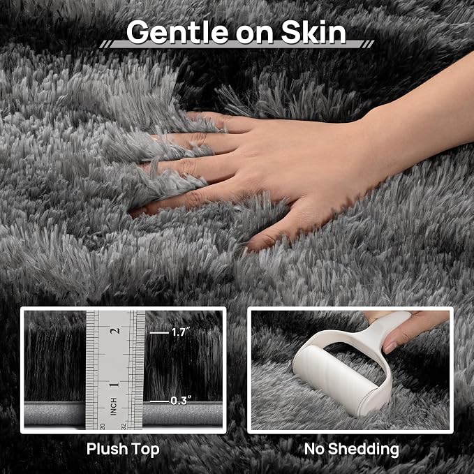 Deerhoo Shag Area Rug, 4 X 6 Tie-Dyed Plush Fuzzy Rugs for Living Room, Ultra Soft Fluffy Furry Rugs for Bedroom, Anti-Skid Indoor Carpet Nursery Rugs for Kids Room Home Decor, Black Grey