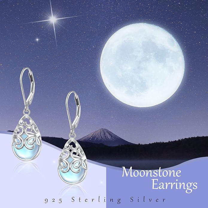 925 Sterling Silver Filigree Dangle Drop Earrings Daisy/Lotus/Rose Flower/Moonstone Leverback Teardrop Earrings for Women Infinity Celtic Knot Daisy Lotus Jewelry for Mothers Day