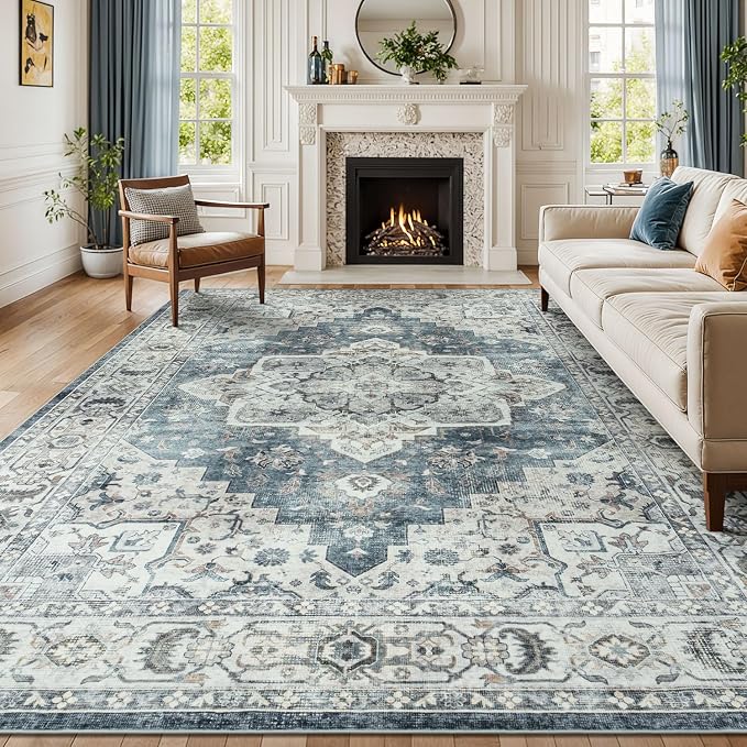 Lessymo 8x10 Vintage Medallion Rug for Living Room, Machine Washable Area Rugs for Bedroom Dining Room Under Table, Soft Low Pile Carpet with Non Slip Backing, Blue Grey/Beige