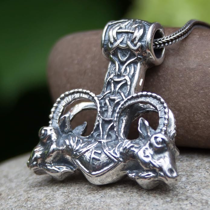 Large Thor Hammer Mjolnir Necklace 925 Sterling Silver - Odins Viking Pendant with Thors Goats and Runes - Mens Pagan Nordic Norse Mythology Jewelry for Men - Handmade - 1oz (27 g)