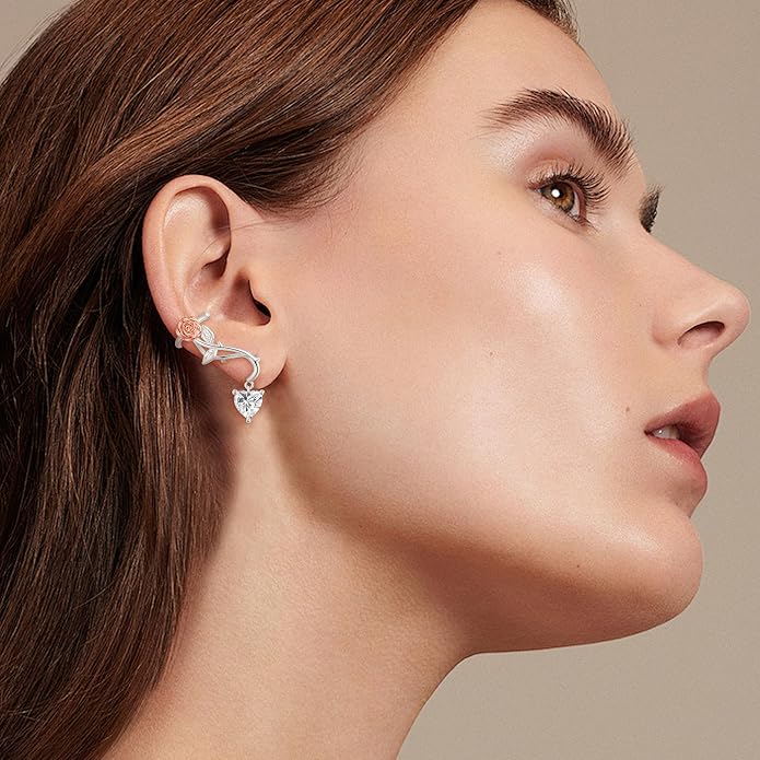 Ear Climbers Earrings for Women Sterling Silver Rose Flower Ear Crawler Earrings Rose Wedding Jewelry for Bride Bridesmaid Mother