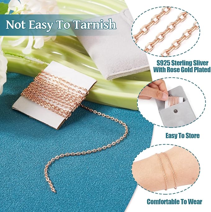 Elecrelive 925 Sterling Silver Cable Chain 3.28 Feet Rose Gold Unwelded Necklace Chains with Jewelry Cleaning Cloth Velvet Storage Bag for Men Women Jewelry Chain DIY Making