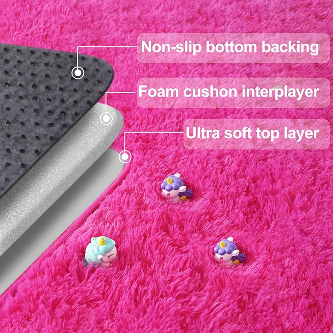 qulint Hot Pink Area Rug for Bedroom, Fluffy Shag Rug for Living Room 4x6 | Fuzzy Plush Small Carpet for Nursery Kid Room, Shaggy Modern Solid Rug for Classroom Dorm Besides Home Decor