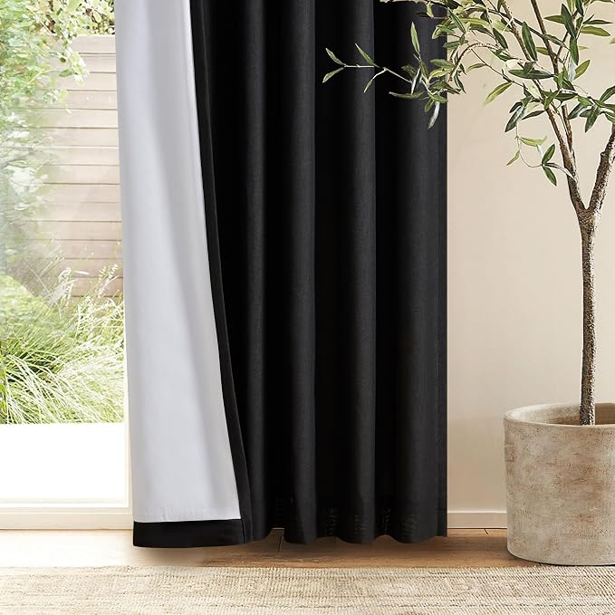 Black 63 Inch Length Blackout Pleated Linen Curtains with Liner 2 Panels | Memory Trained, 100% Black Out, Thermal Insulated, UV Blocking, Noise Reducing Curtains for Small Window Bedroom 2 Panels