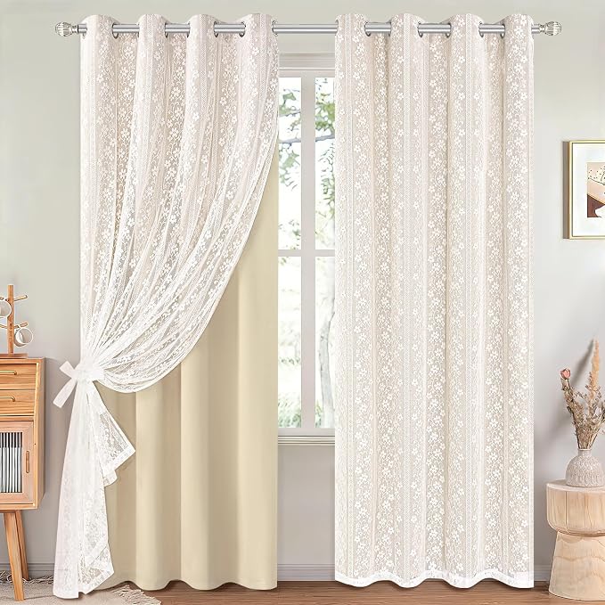 ASPMIZ Beige Blackout Curtains for Bedroom 63 inch Long, Double Layer Curtains with Lace Overlay, Light Blocking Grommet Drapes for Living Room Thermal Insulated Window Curtain Panels Set of 2, 52x63