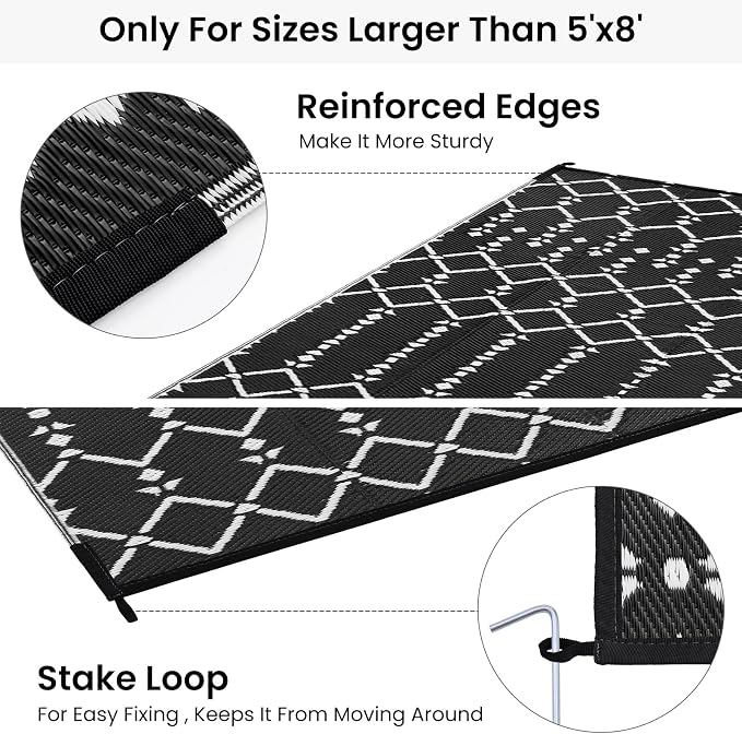 Smiry Outdoor Rug 6x9 ft, Waterproof Reversible Plastic Straw Rugs, Boho Outdoor Area Rug, Outside Floor Mat for Patio, Backyard, Deck, Picnic, Beach, Camping, Black