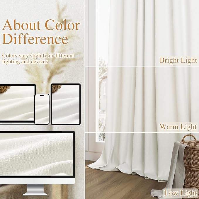 Ivory 100% Blackout Linen Curtains 126 Inch Length 2 Panels Set for Living Room Bedroom Back Tab Thermal Insulated Black Out Drapes Room Darkening Farmhouse Style for Bedroom Window Curtains 52x126