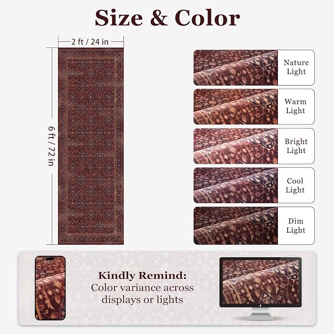 Amber Red 2x6 Kitchen Runner Rugs Non Skid Washable, Earth Tone Vintage Distressed Carpet Runners for Hallways 6ft, Luxurious Boho Floral Trellis Runner Bedroom/Bathroom/Entryway/Laundry Room